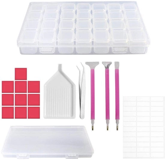 Accessori per pittura a diamanti, Set di strumenti per pittura a diamanti 5D 28 cassette, Sortitore per piccoli componenti con penna, punterelle, tavolo in plastica, pinza, adesivi per adulti e bambini