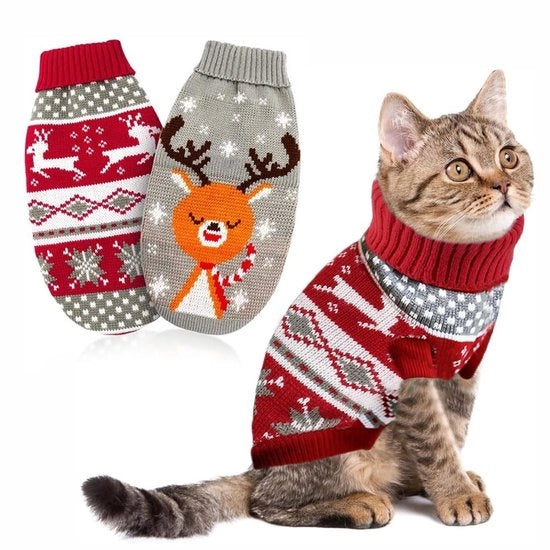 Set di maglie per animali domestici da 2 pezzi - Tema natalizio - Fiocco di neve/Renno - Maglieria artigianale invernale - Caldo - Taglia M - 100% Poliestere - Abbigliamento per animali domestici