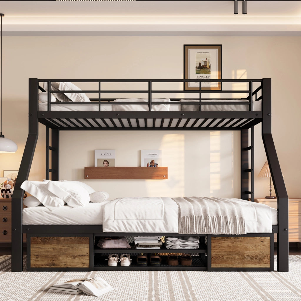 Letto a castello nero 90x200 e 140x200 cm con scarpiera e ripiani