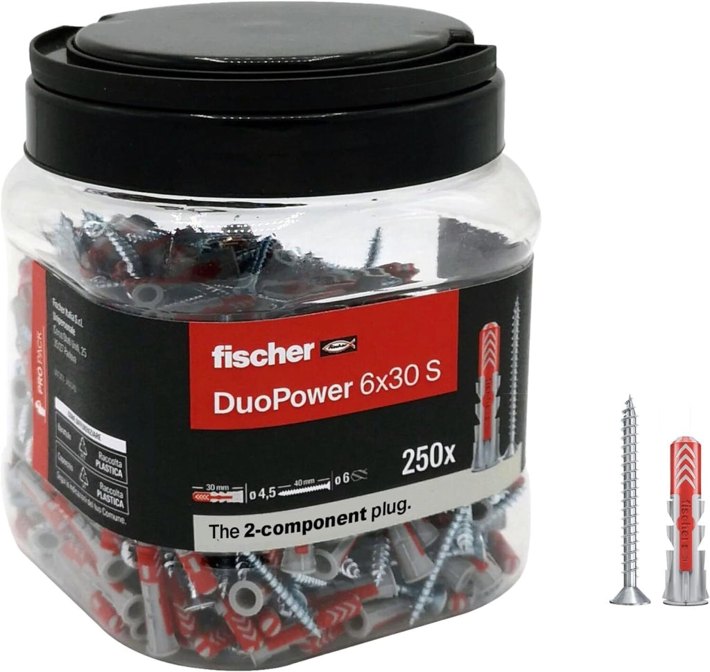 Fischer 572885 DuoPower Tasselli con Vite 6x30 mm 250 Pezzi Propack Secchiello Riutilizzabile colore Grigio