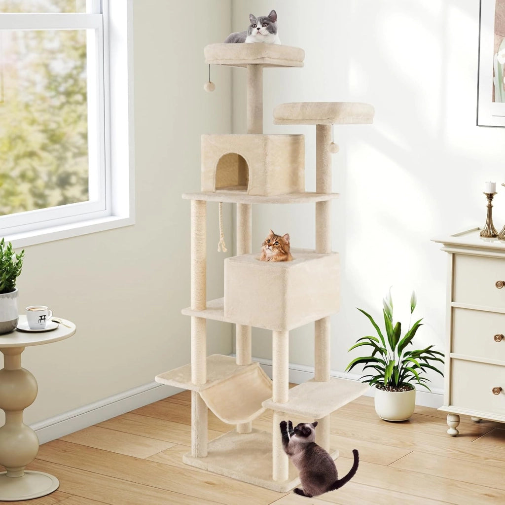 Albero per Gatti da Interno Alto 205 cm, Tiragraffi per Gattini con 2 Condomini, 2 Postazioni Soffici, Tiragraffi & Corda, Giochi Pendenti, Amaca e Piattaforme per Salti, Mobile per Gatti
