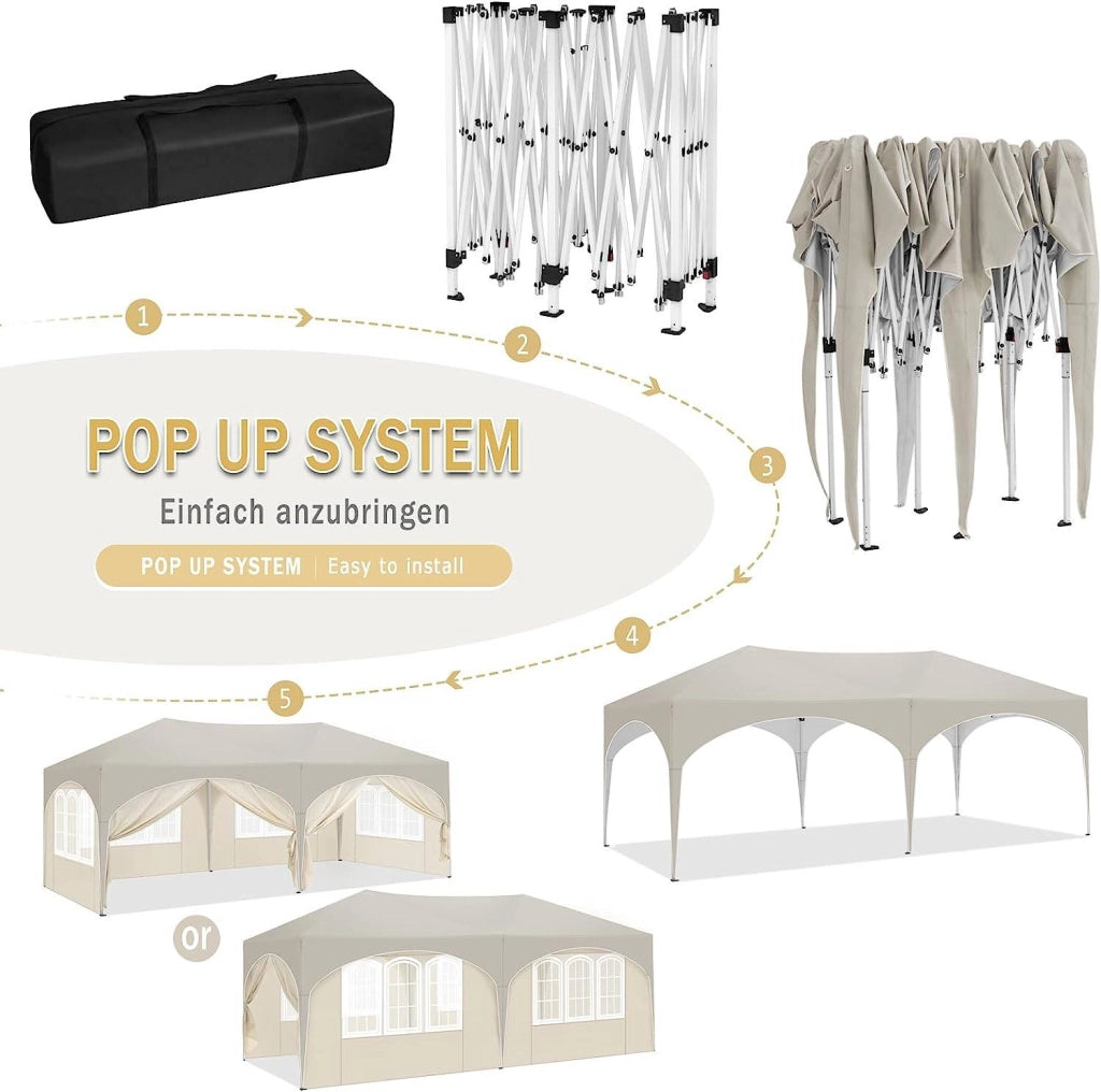 Gazebo pieghevole 3x6m con 6 pareti laterali tenda impermeabile a protezione UV a altezza regolabile con borsa da trasporto