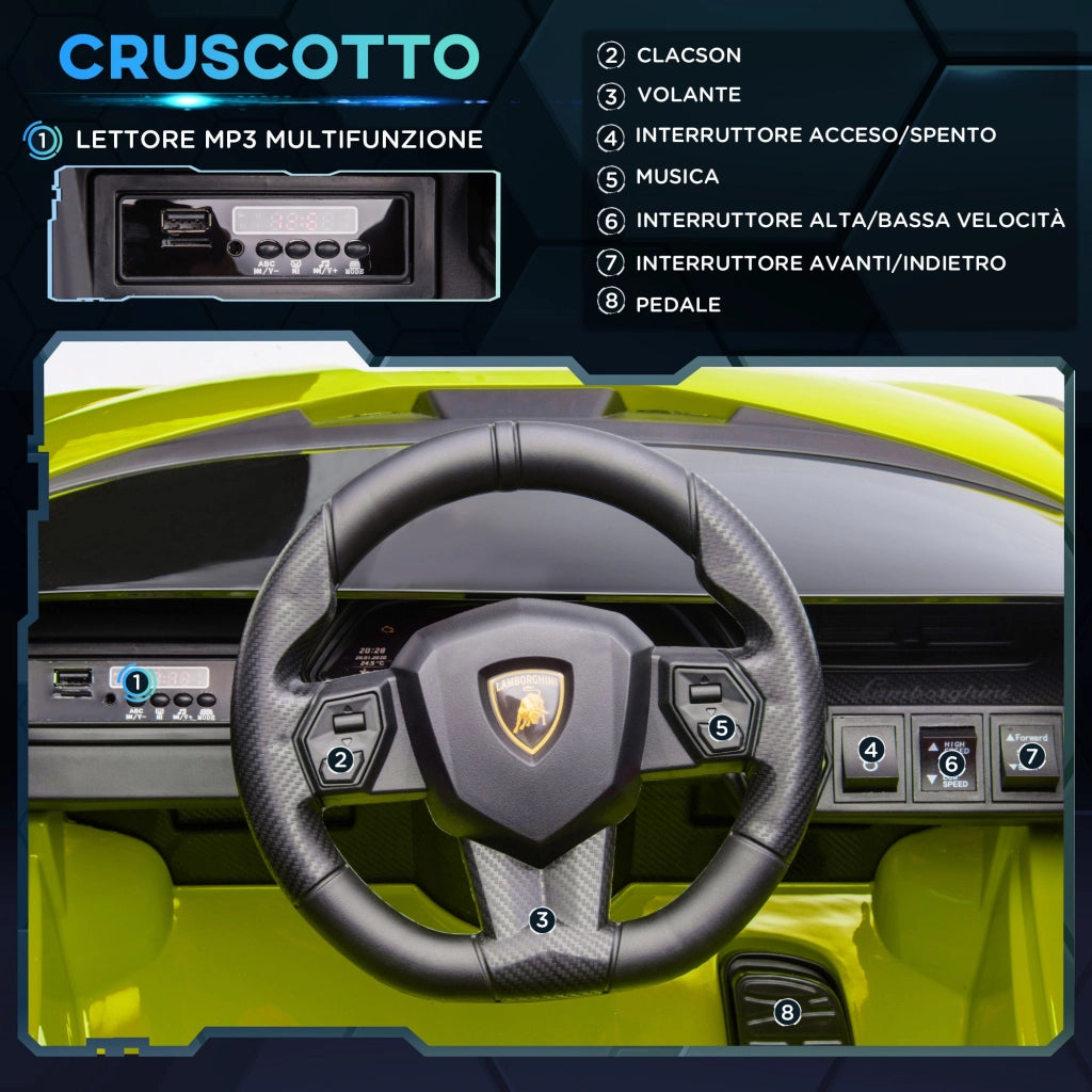 EasyComfort Lamborghini Macchina Elettrica per Bambini 12V con Fari e Musica, Telecomando e Velocità 3-5km/h, Età 3-5 Anni, 108x62x40cm, Verde
