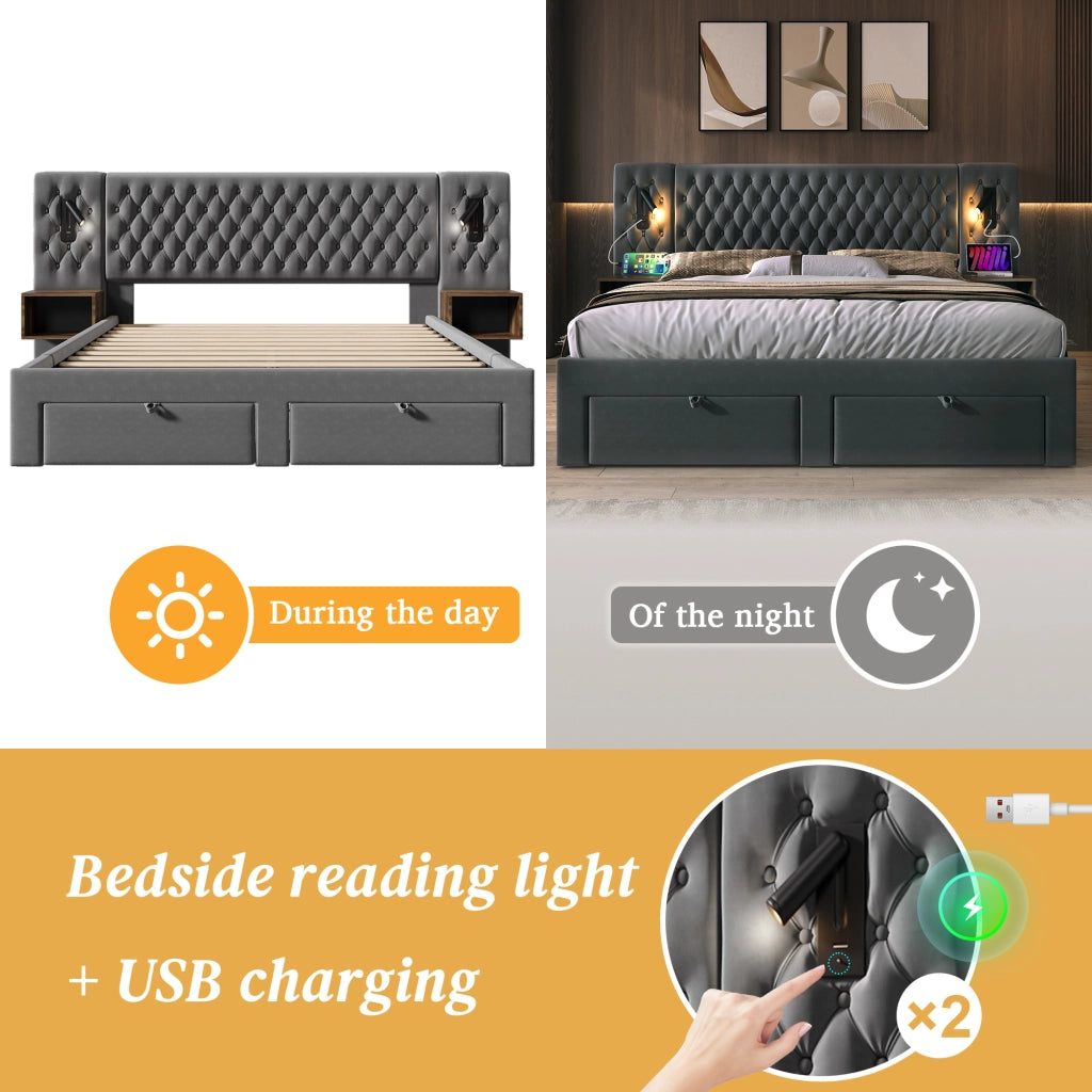 Letto Matrimoniale 160x200 cm; 2 Posti - 2 Comodini; 4 Cassetti; USB e Type C - Velluto Grigio