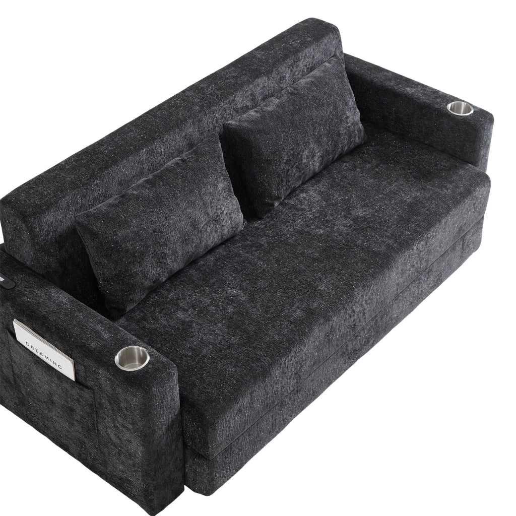 Divano letto 2 posti con funzione letto, porte USB, portabicchieri e tasche laterali in ciniglia nero e grigio