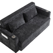 Divano letto 2 posti con funzione letto, porte USB, portabicchieri e tasche laterali in ciniglia nero e grigio