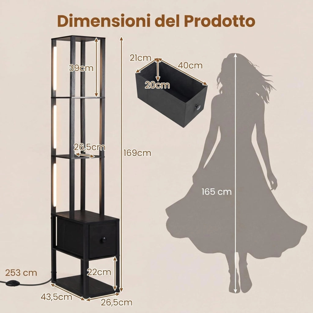 Lampada da Terra, Piantana da Terra con Cassetto, Ripiani, Luminosità Regolabile e Tubi Luminosi Ruotabili 360° Lampada a Stelo per Soggiorno, Camera da Letto e Studio