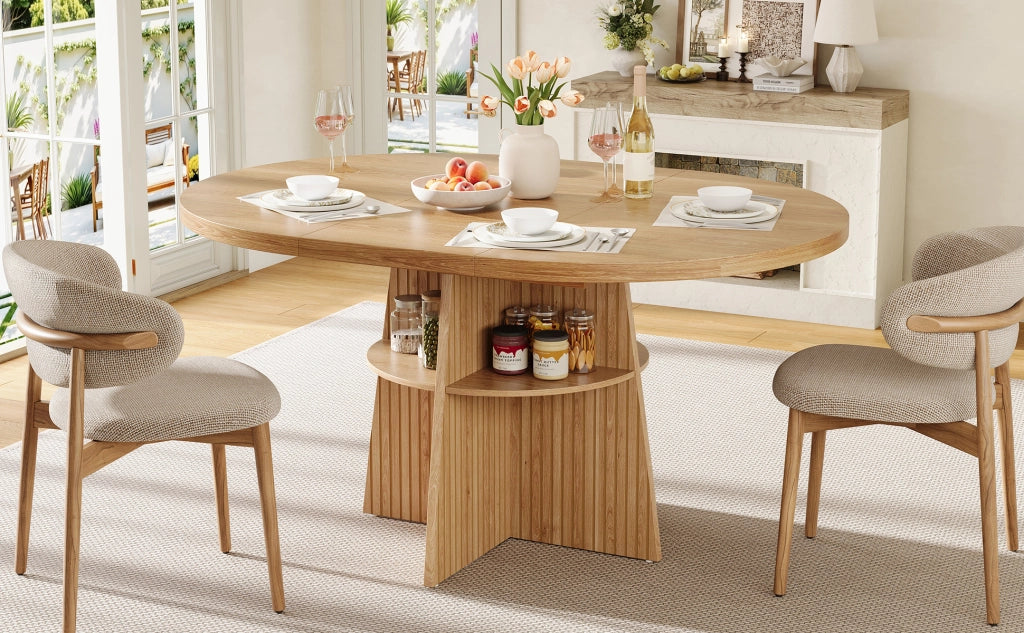 Tavolo da pranzo rotondo allungabile con piano estensibile e ripiano interno per cucina e sala da pranzo in MDF naturale