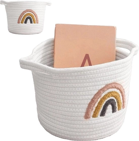 Cestino da bucato intrecciato per bambino con decorazione arcobaleno, 20 x 25 cm (bianco)