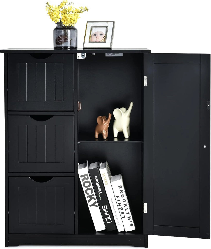 Mobile da Bagno, Mobile da Terra con 3 Cassetti e Anta, Ripiano Regolabile, per Bagno, Camera da Letto, Salotto, Cucina, 60x 30x 81cm (Nero)