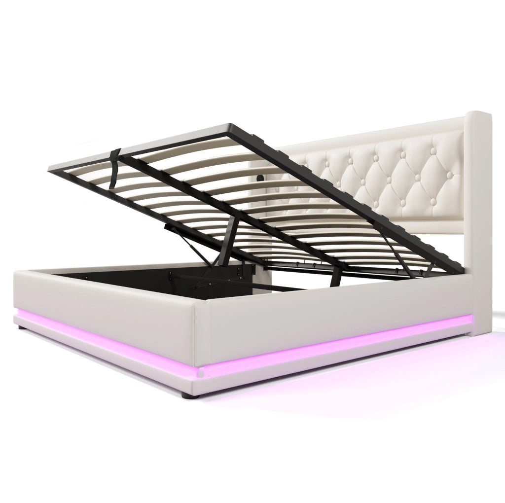 Letto matrimoniale contenitore 160x200 cm in PU bianco con LED; testiera imbottita e USB Tipo-C