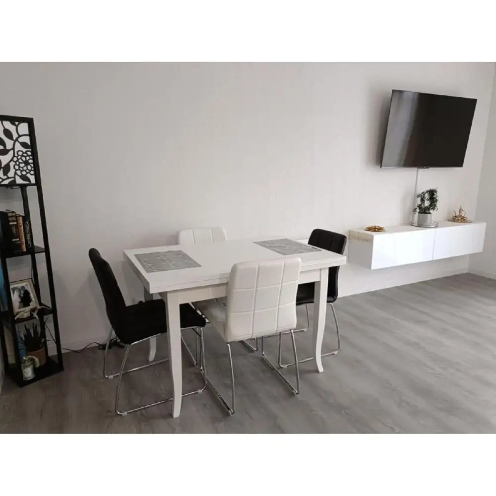 Tavolo da pranzo allungabile fino 160 cm in legno massello e mdf con rifinitura in bianco 100x70x75 H chiuso