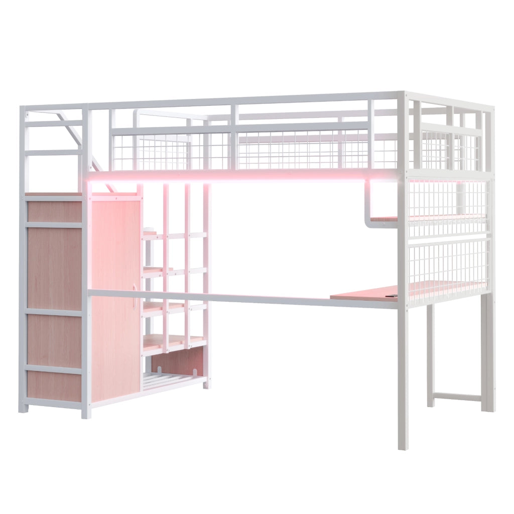 Letto a soppalco in metallo 140x200 cm con scrivania, scaffale, armadio integrato e scala contenitore, Bianco