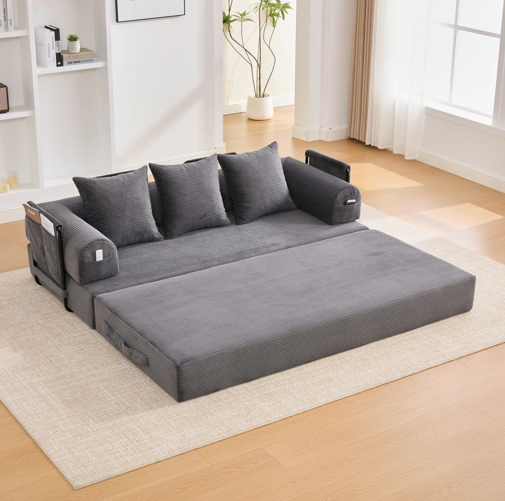Divano modulare 200x94x67 cm con tasca laterale e 3 cuscini; tessuto a coste grigio scuro