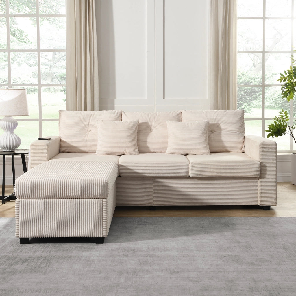 Divano modulare a L 3 posti - con LED e pouf multifunzione - in tessuto cord beige