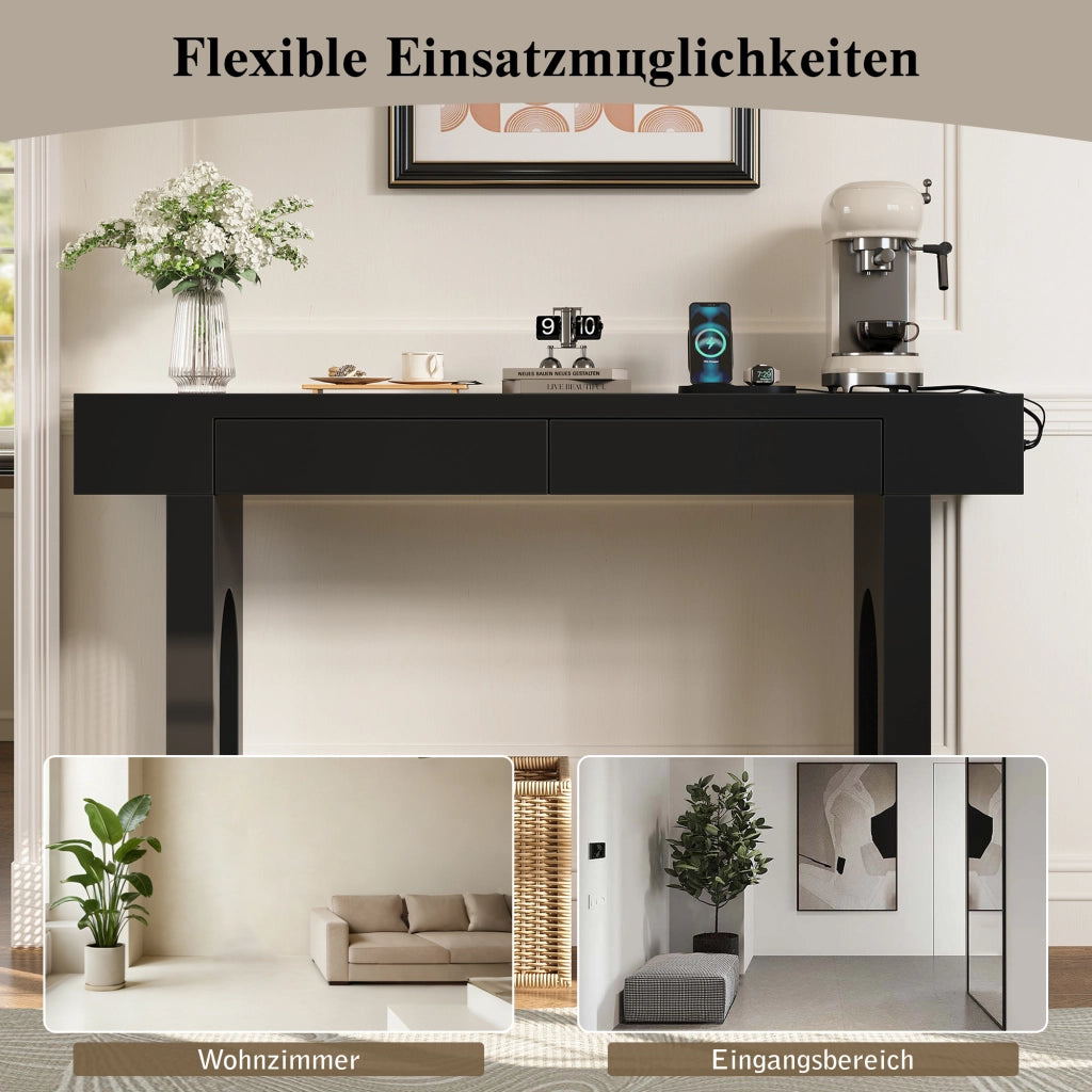Consolle con 2 cassetti e ciabatta integrata per ingresso e soggiorno in MDF nero 120 × 35,5 × 76,5 cm