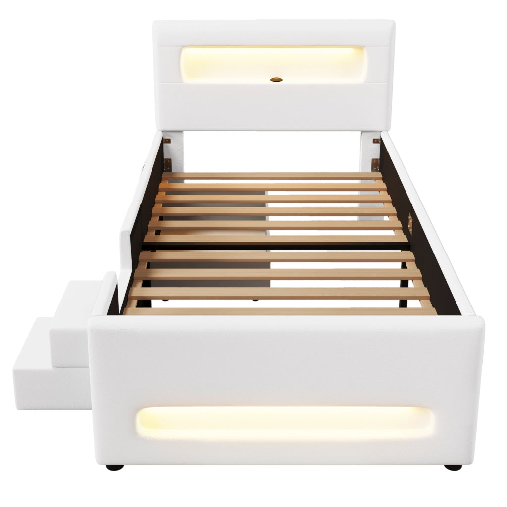 Letto imbottito con scala, cassetti, LED e USB, 90x200 cm, bianco