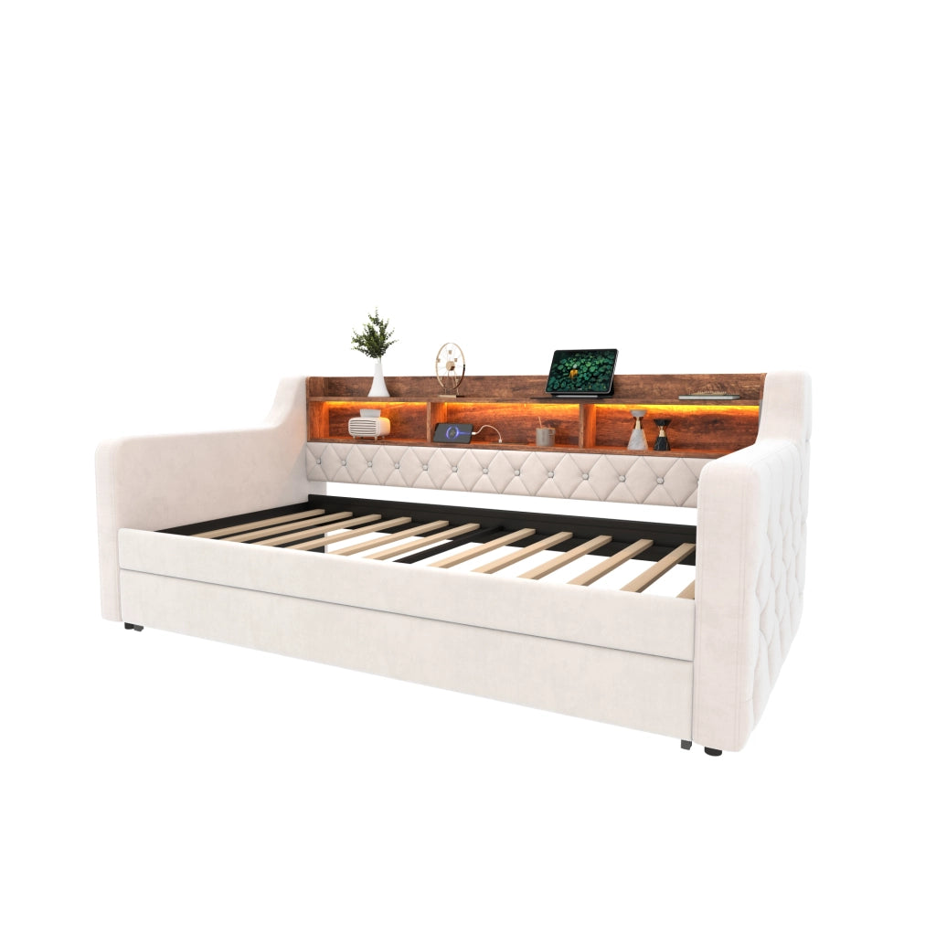 Letto estraibile 90x190 cm con contenitore; LED e USB-C in velluto beige