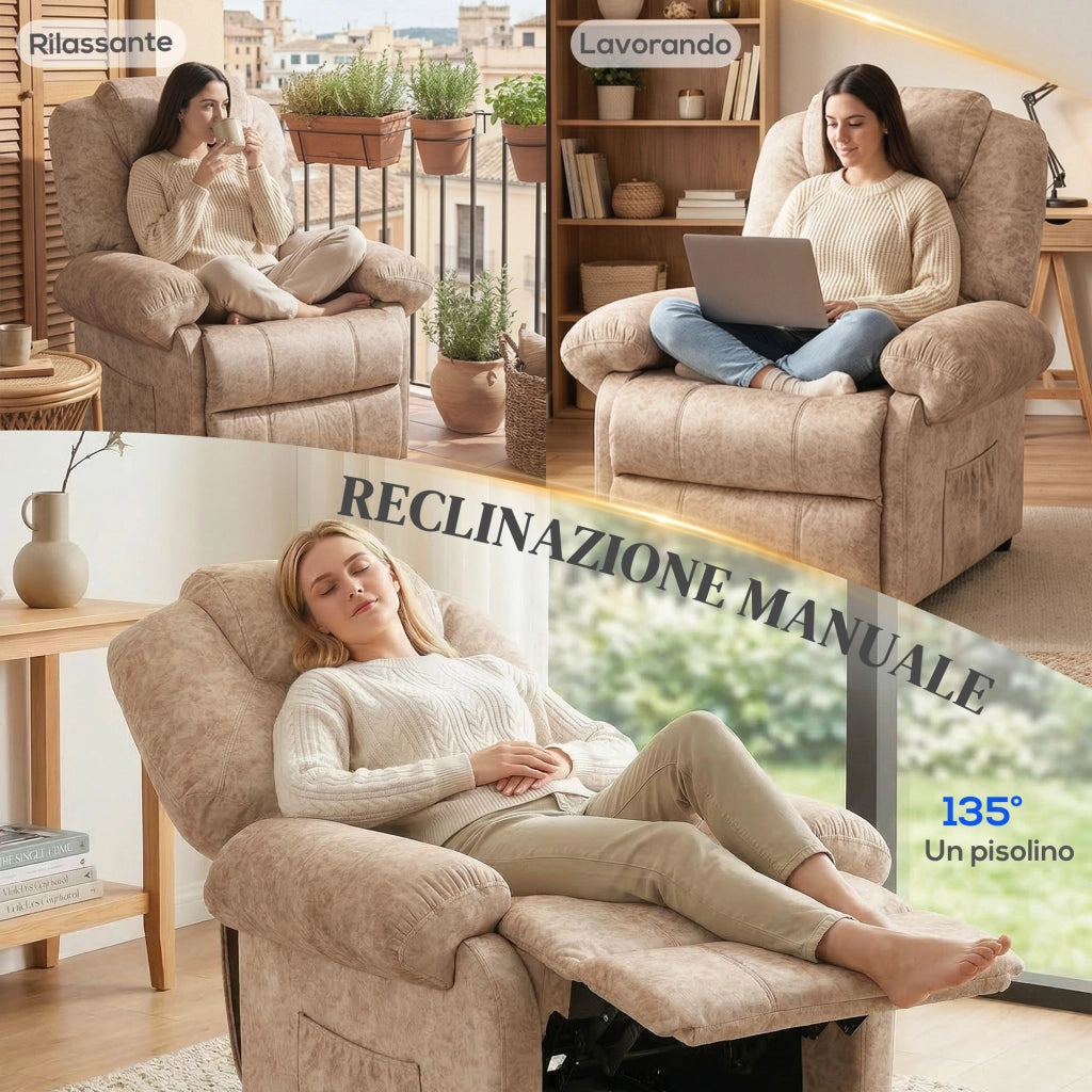 Poltrona Relax Reclinabile Manuale con Poggiapiedi in Tessuto Beige ¨C Minimal ¨C 100x100x90