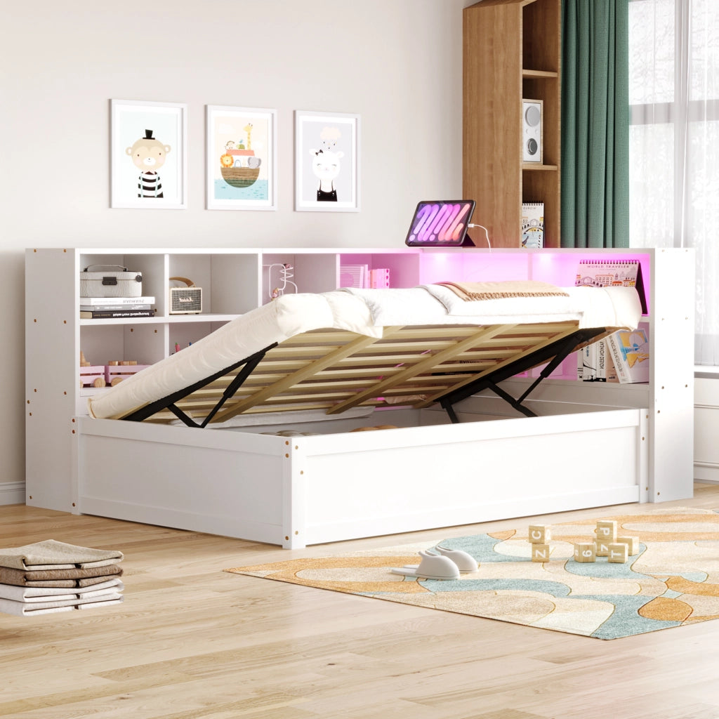 LETTO multifunzione 90x200 cm in legno massello bianco con LED e vani contenitore