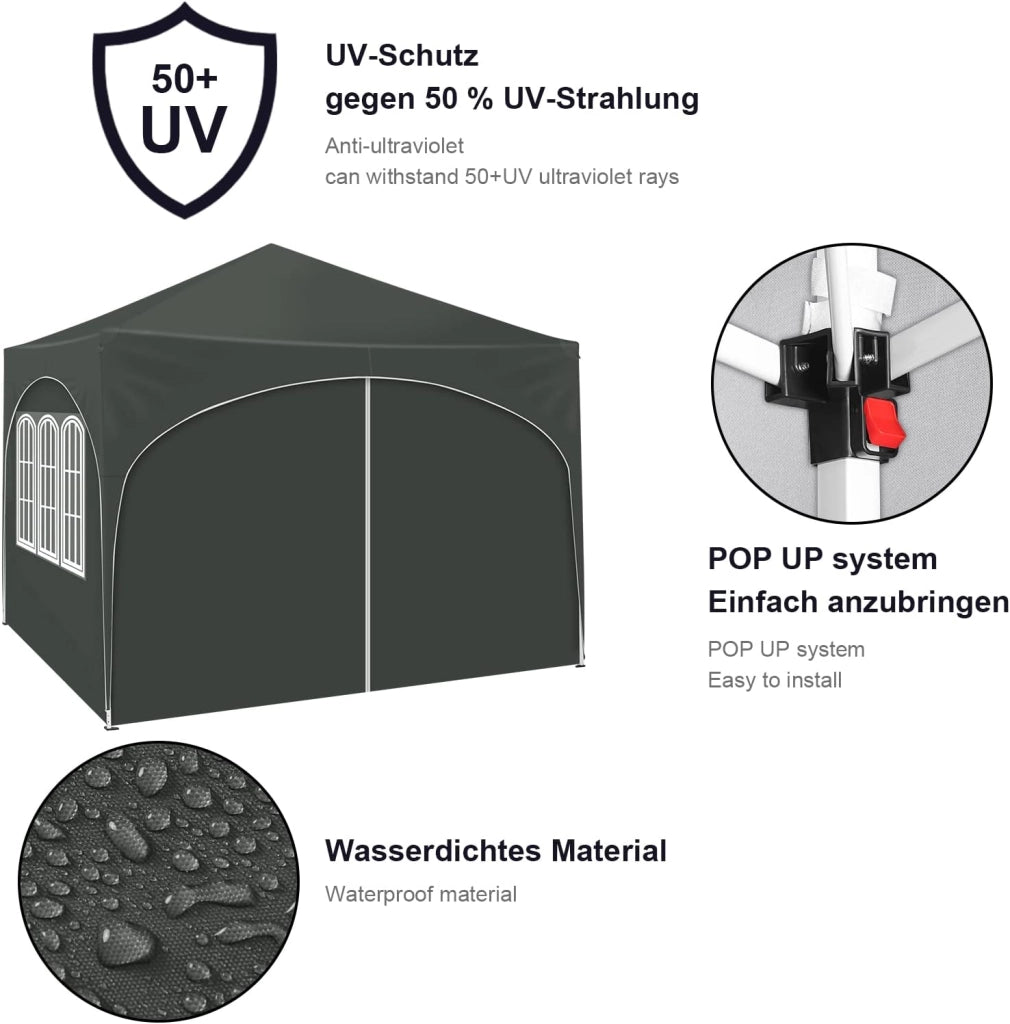 Gazebo Pieghevole da Giardino, Gazebo Idrorepellente Pop Up da 3x3m Pannelli Laterali, Tendone Esterno, Altezza Regolabile, Protezione UV, con Custodia Grigio