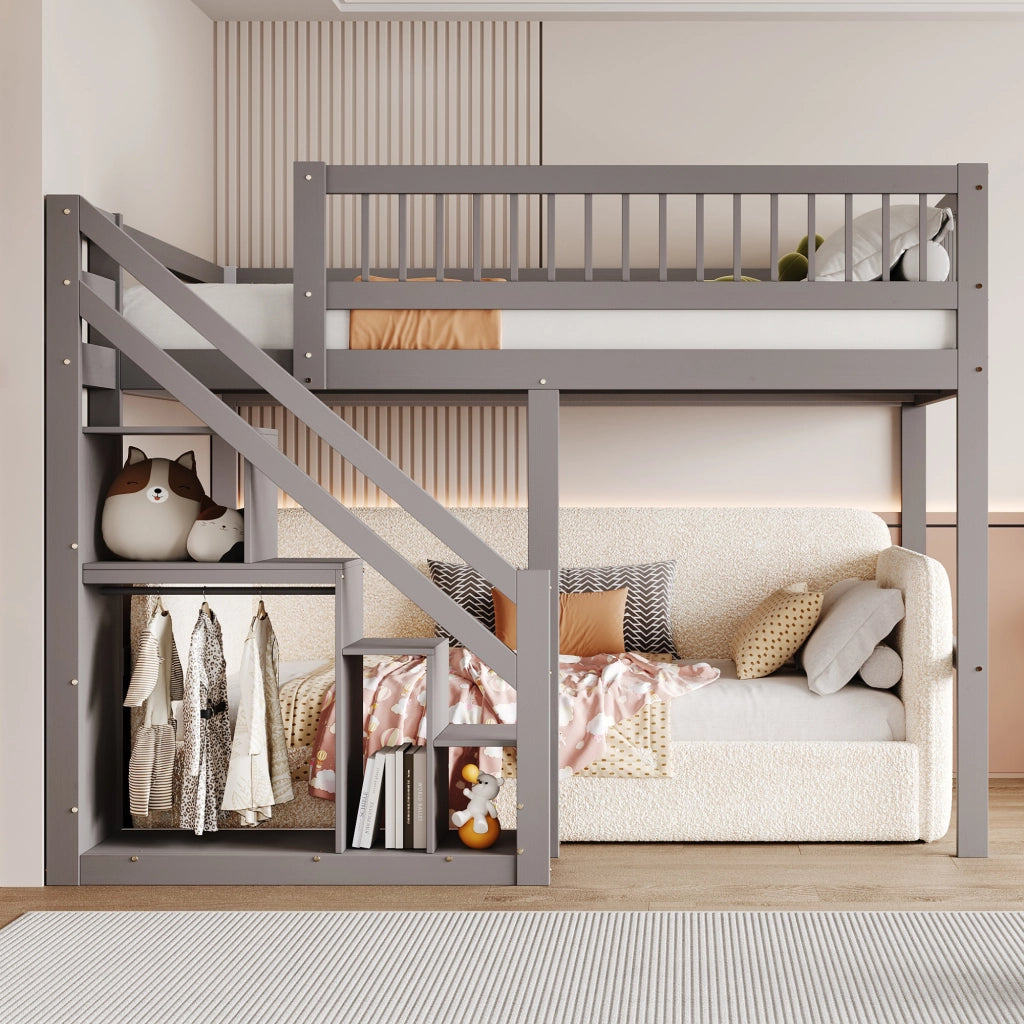 OKWISH Letto a soppalco 140×200 cm, Letto Matrimoniale con Scala Contenitore, 3 Armadietti e Sponda Alta, senza Materasso, Grigio