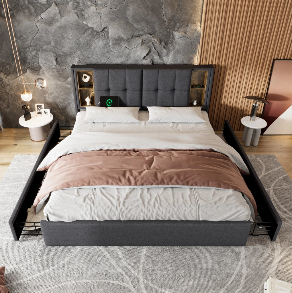 Letto matrimoniale 160x200 cm con ricarica wireless; USB C e 4 cassetti; lino grigio