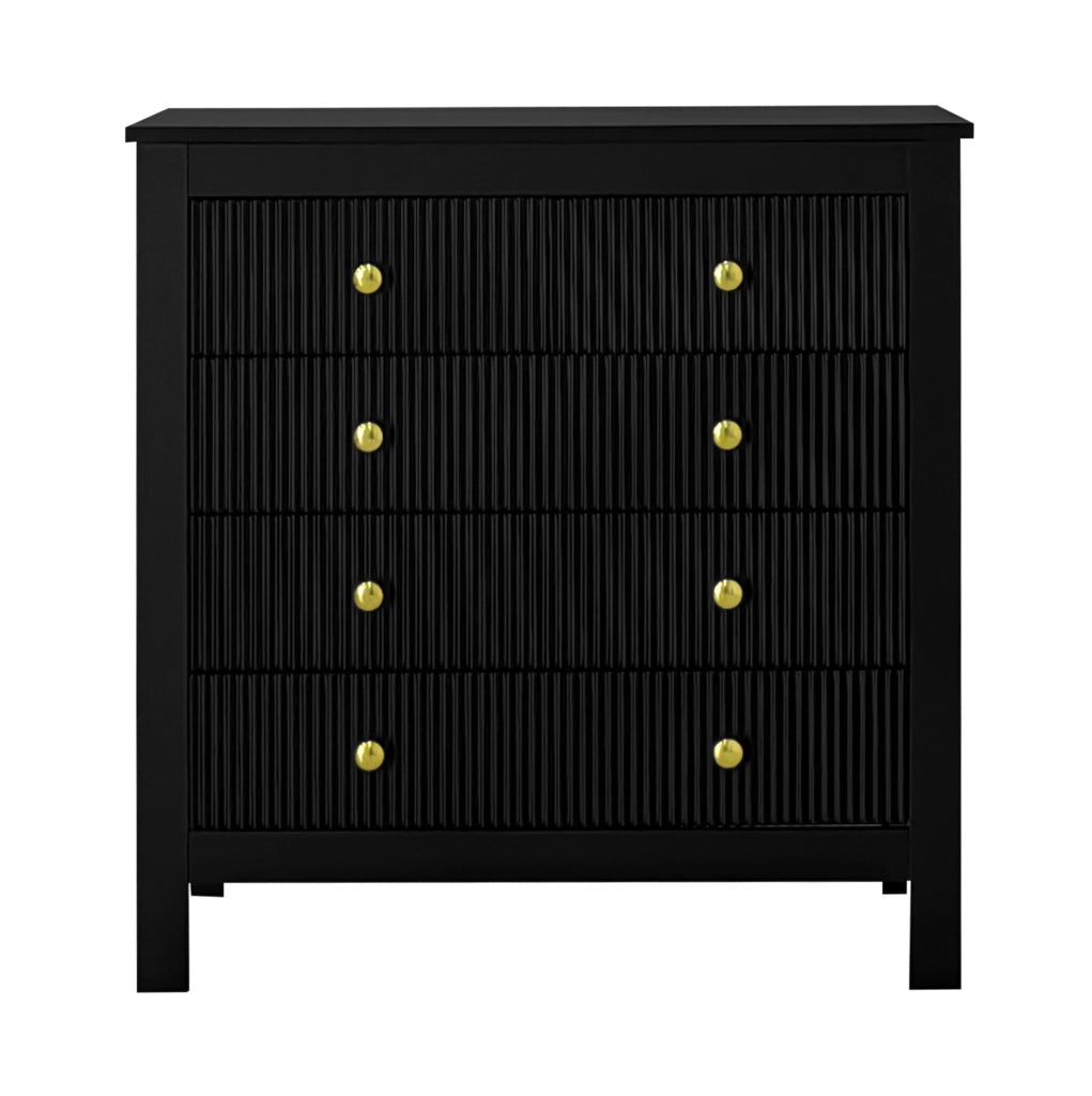 Kommode mit 5 Schubladen, schwarze Spanplatte, Goldgriffe, 79x80,5x39,5 cm