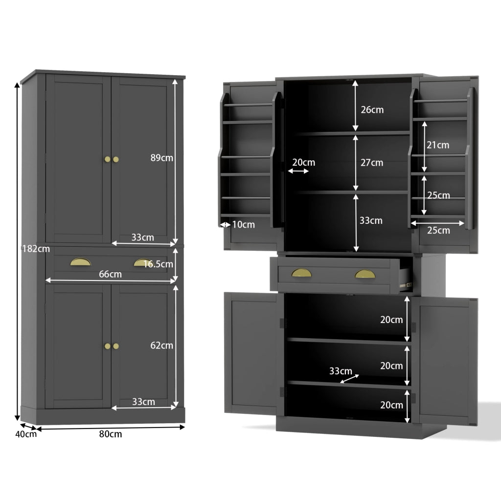 Credenza dispensa alta 80x40x182 cm con 4 ante e cassetto nera