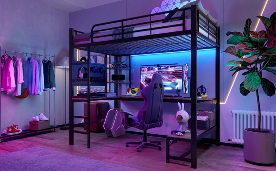 DESMIU Letto a Soppalco 1 Piazza con Scrivania, USB, Tipo C, LED, Scaffali e Pannello Forato 90 × 200 cm senza materasso