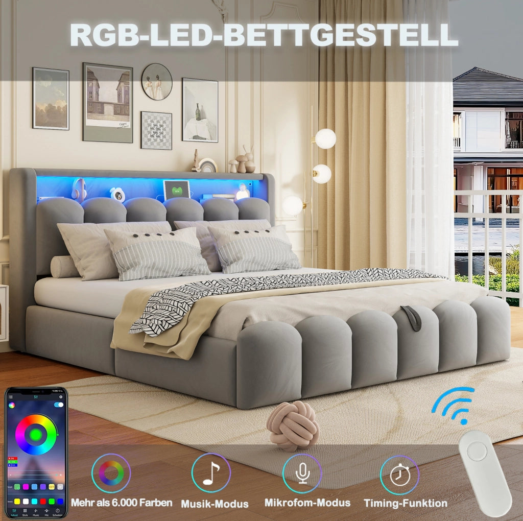 Letto matrimoniale imbottito 180x200 cm con LED e contenitore