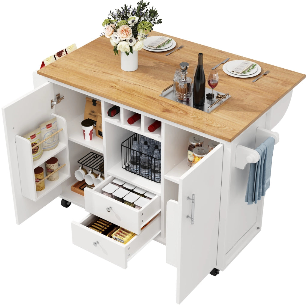 Isola da cucina 137.9x73x92 cm con piano pieghevole; ruote; MDF e metallo bianco