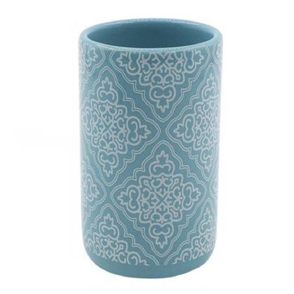 Trade Shop - Bicchiere Portaspazzolino Azzurro Con Maioliche Accessori Bagno 6.8x10.8cm 87022 -