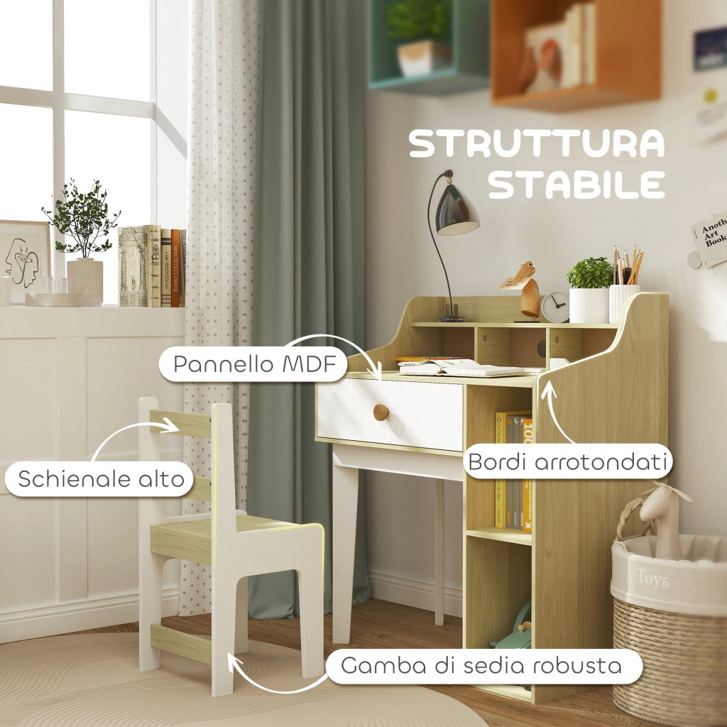 Set Scrivania per Bambini e Sedia in Legno con Scaffale e Cassetto, Et¨¤ 3-10 Anni, Bianco e Legno