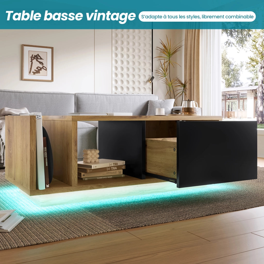 Tavolino basso con LED, 1 cassetto e vano aperto, stile retro, per soggiorno, in legno ingegnerizzato, naturale
