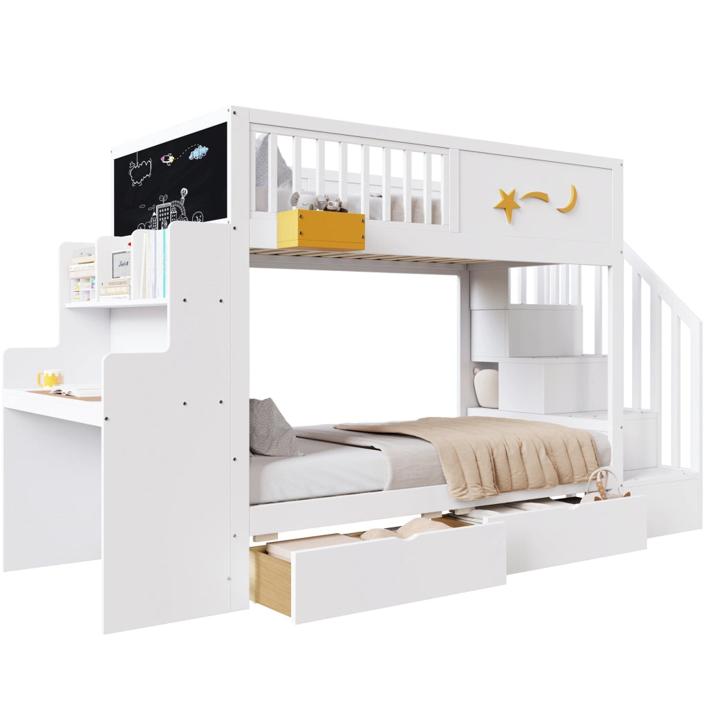 Letto a castello per bambini 90x200 cm in legno di pino bianco con scrivania; scala e cassetti