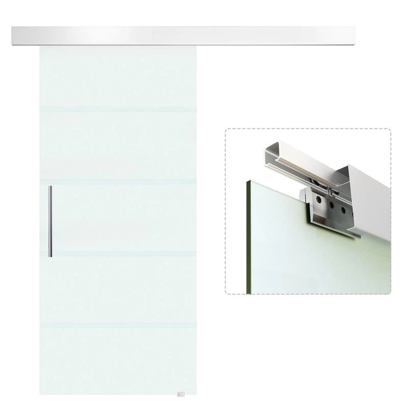 PORTA SCORREVOLE IN VETRO SATINATO CON STRISCE TRASPARENTI A BINARIO 90X205CM