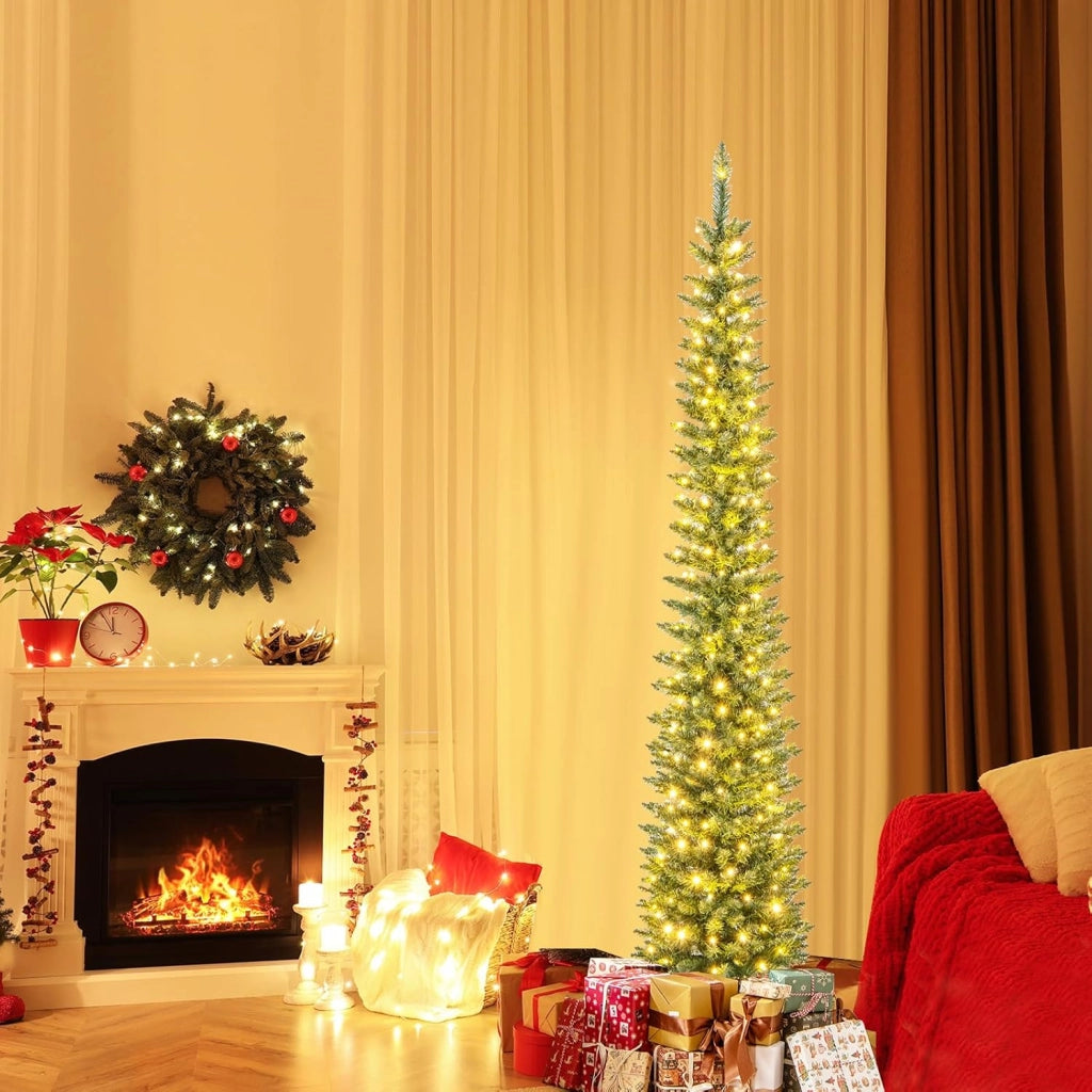Albero di Natale Artificiale 150/180/210 cm, Albero di Natale con Luci LED Incorporate, 296/390/499 Punte dei Rami, Christmas Tree in PVC, Base in Metallo, per Casa, Negozio, Feste (L)