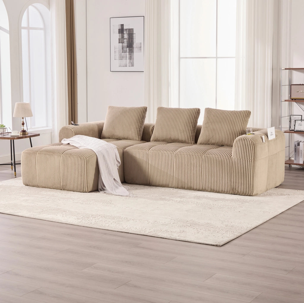 Divano compatto modulare in corduroy khaki 253x158x61 cm; con tasche laterali e portabicchieri