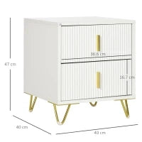 Comodino con 2 Cassetti in Legno con Maniglie e Gambe in Metallo, 40x40x47 cm, Bianco e Oro