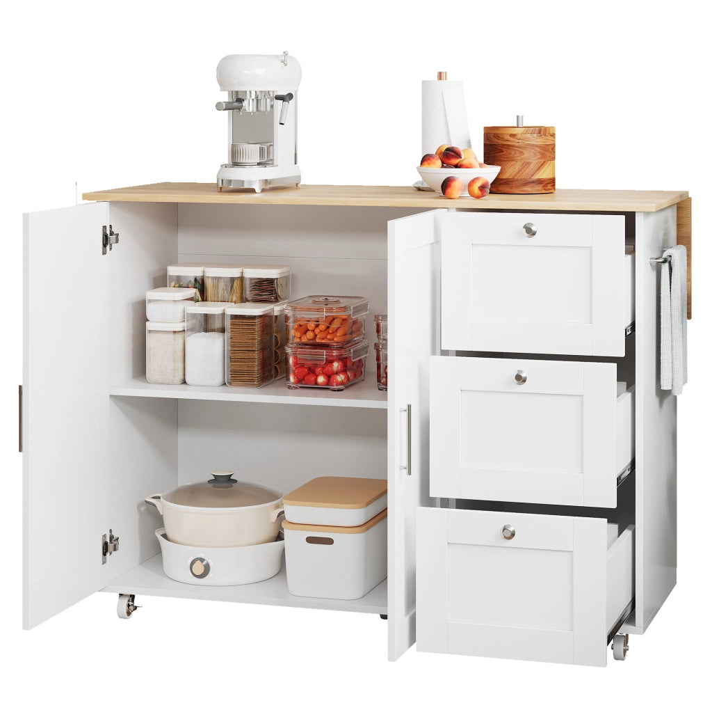 Isola da cucina 135x44x90 cm pieghevole con piano estensibile in MDF bianco naturale