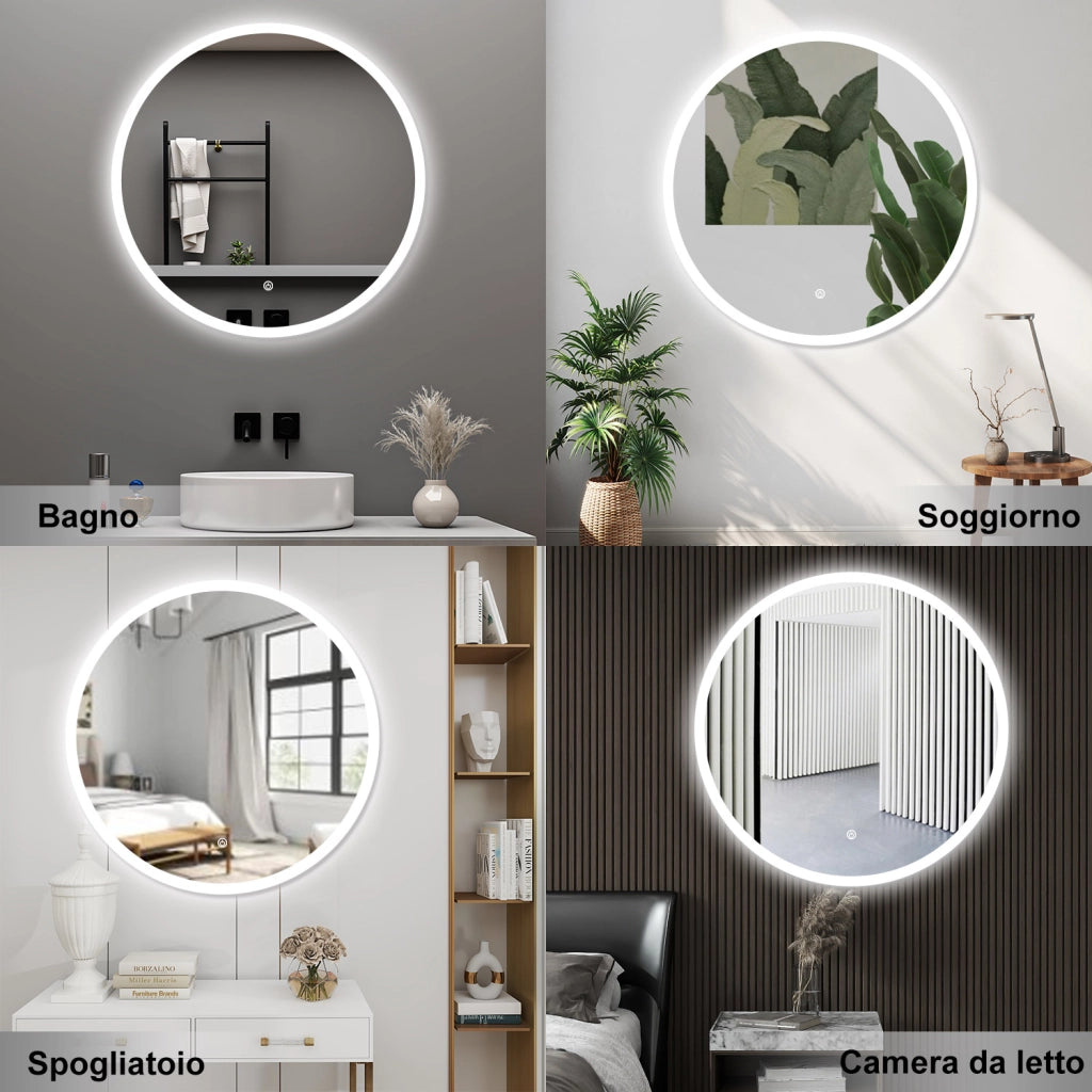 AICA Specchio da bagno 60 x 60 cm, 3 colori, antiappannamento, dimmerabile, interruttore touch, Funzione Memoria