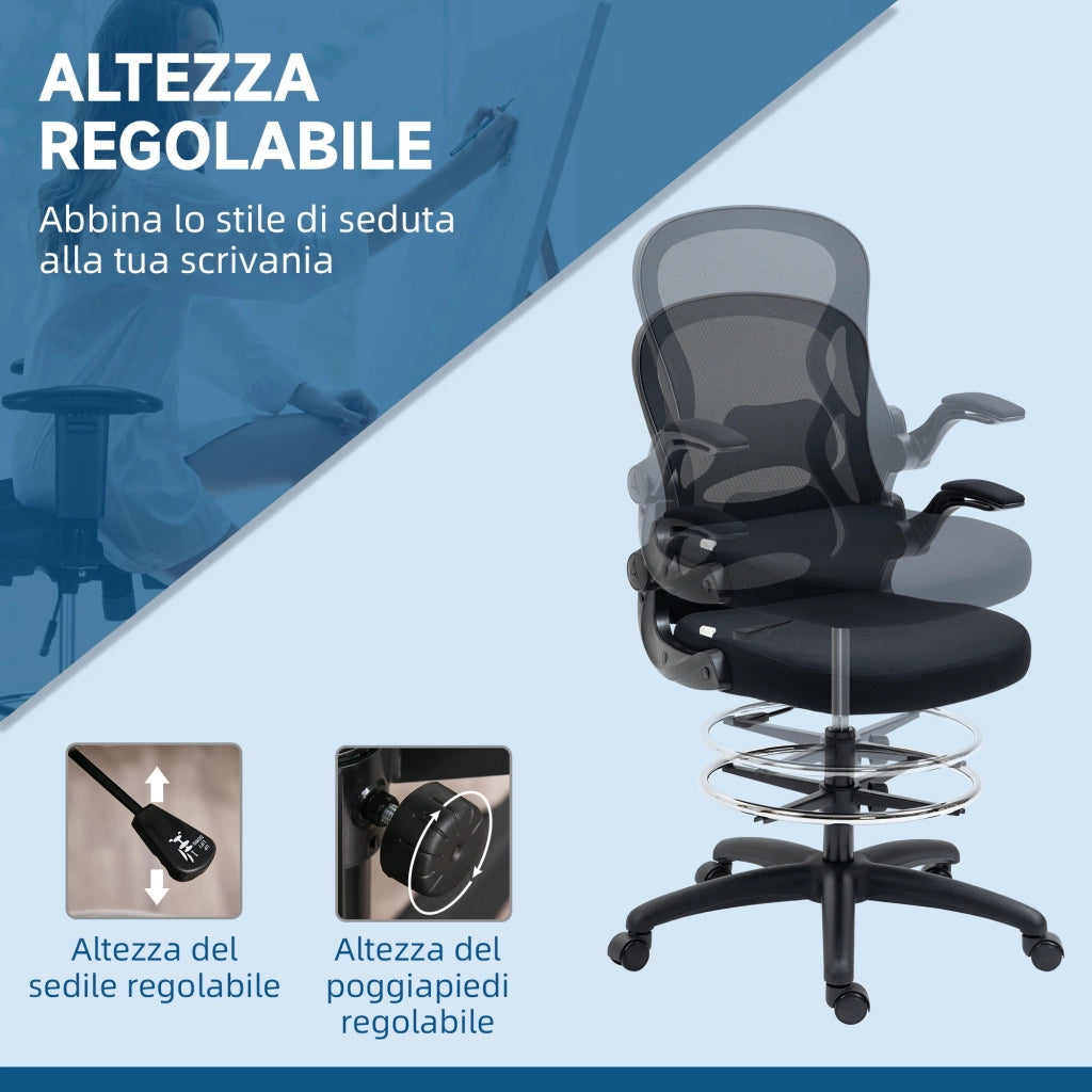 Sedia da Ufficio con Supporto Lombare, Altezza Regolabile e Braccioli Ribaltabili, 59x65x102-122 cm, Nero