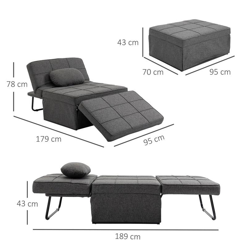 POLTRONA LETTO 3 IN 1 CON SCHIENALE REGOLABILE E CUSCINO IN TESSUTO EFFETTO LINO 95X179X78 CM GRIGIO