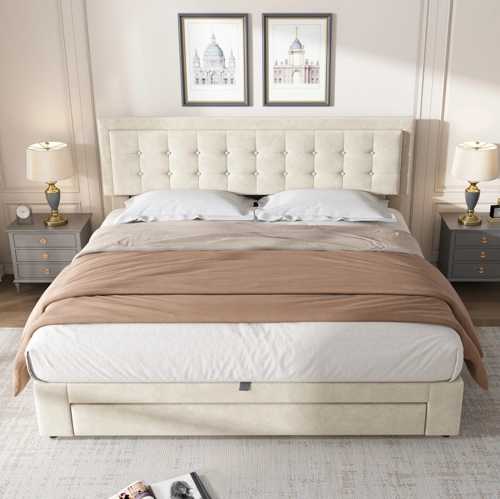 Letto matrimoniale contenitore con cassetti; testiera regolabile; velluto; 180x200 cm; beige