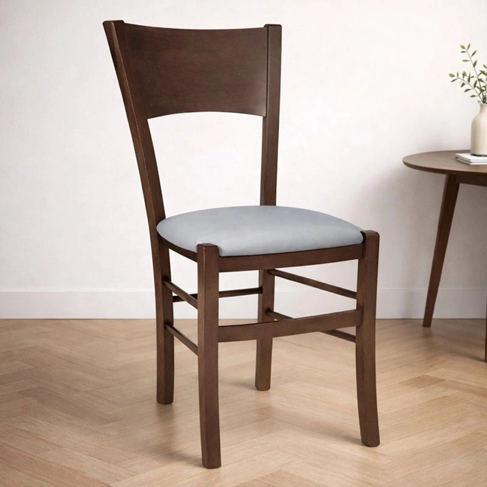 Sedia sala da pranzo Lucy in legno noce scuro con seduta imbottita grigio chiaro