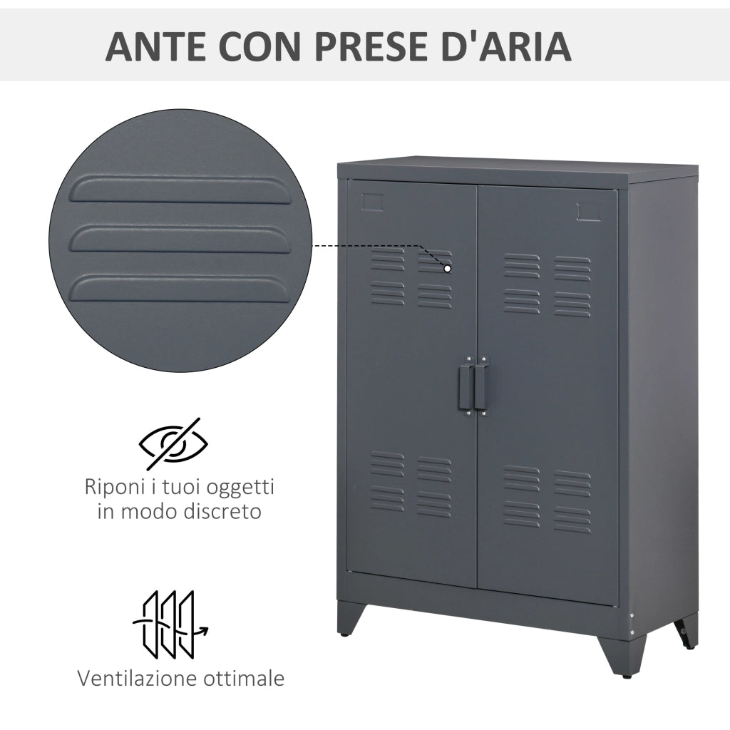 EasyComfort Mobiletto Multiuso 2 Ante Stile Industriale in Metallo per Casa e Garage, 75x33x110cm, Grigio