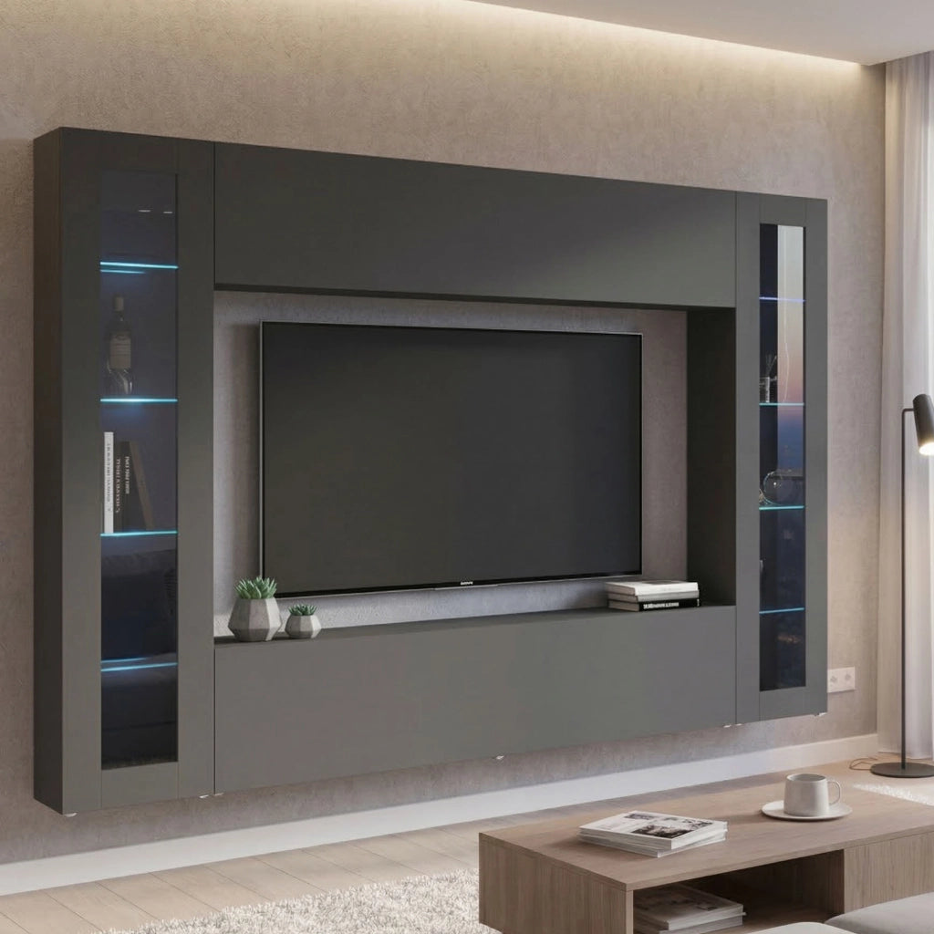 Mobile Soggiorno Bellizzi, Parete Attrezzata 11 Ripiani Made in Italy, 260x30x180h cm Nero Antracite