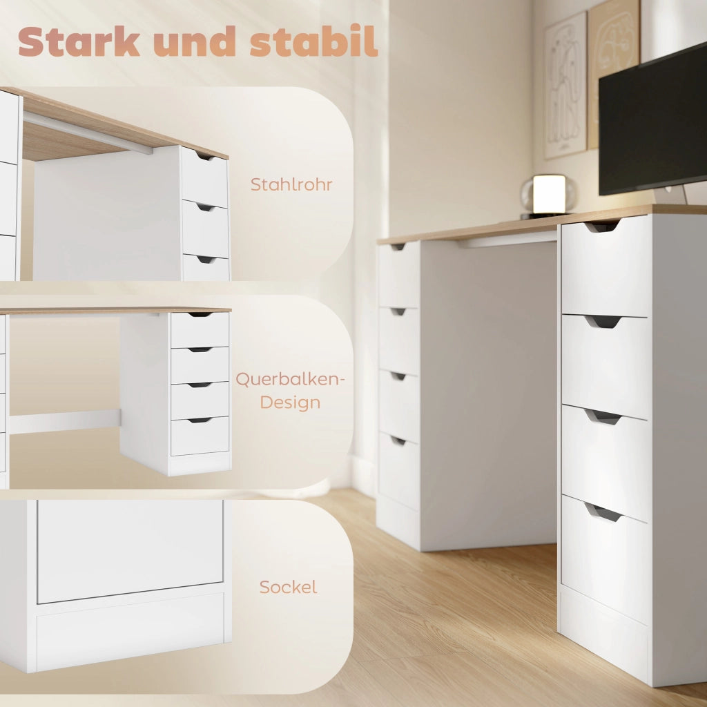 Scrivania 140 cm con 8 cassetti ¨C Xylo ¨C legno e metallo bianco per ufficio e camera