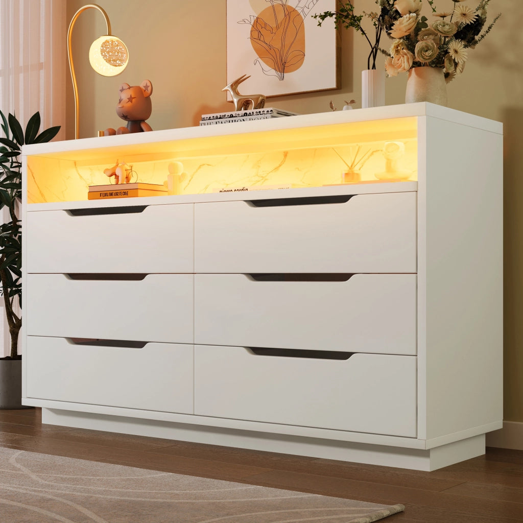 CREDENZA LED 120x40x85 cm Bianca con 6 cassetti